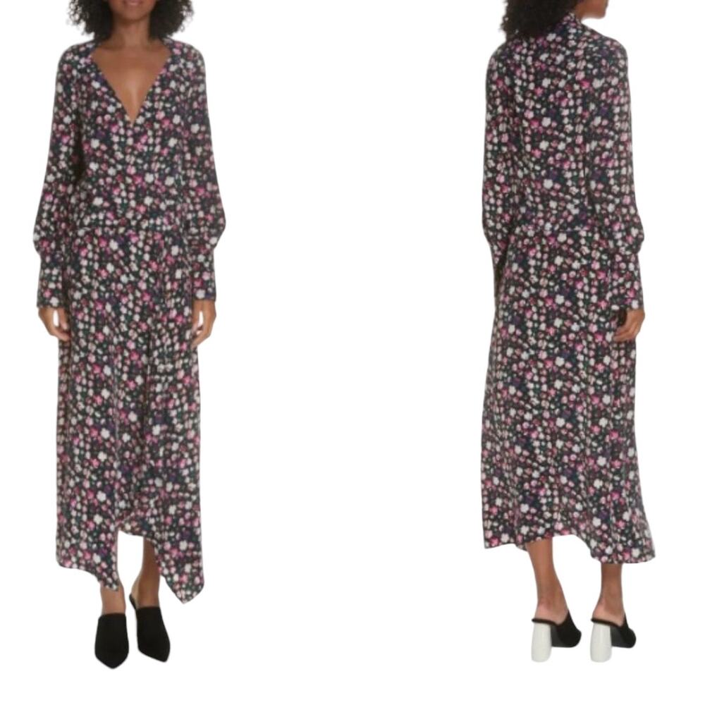 Equipment Viscose Black Floral Faux Wrap MIDI dress, Size 2